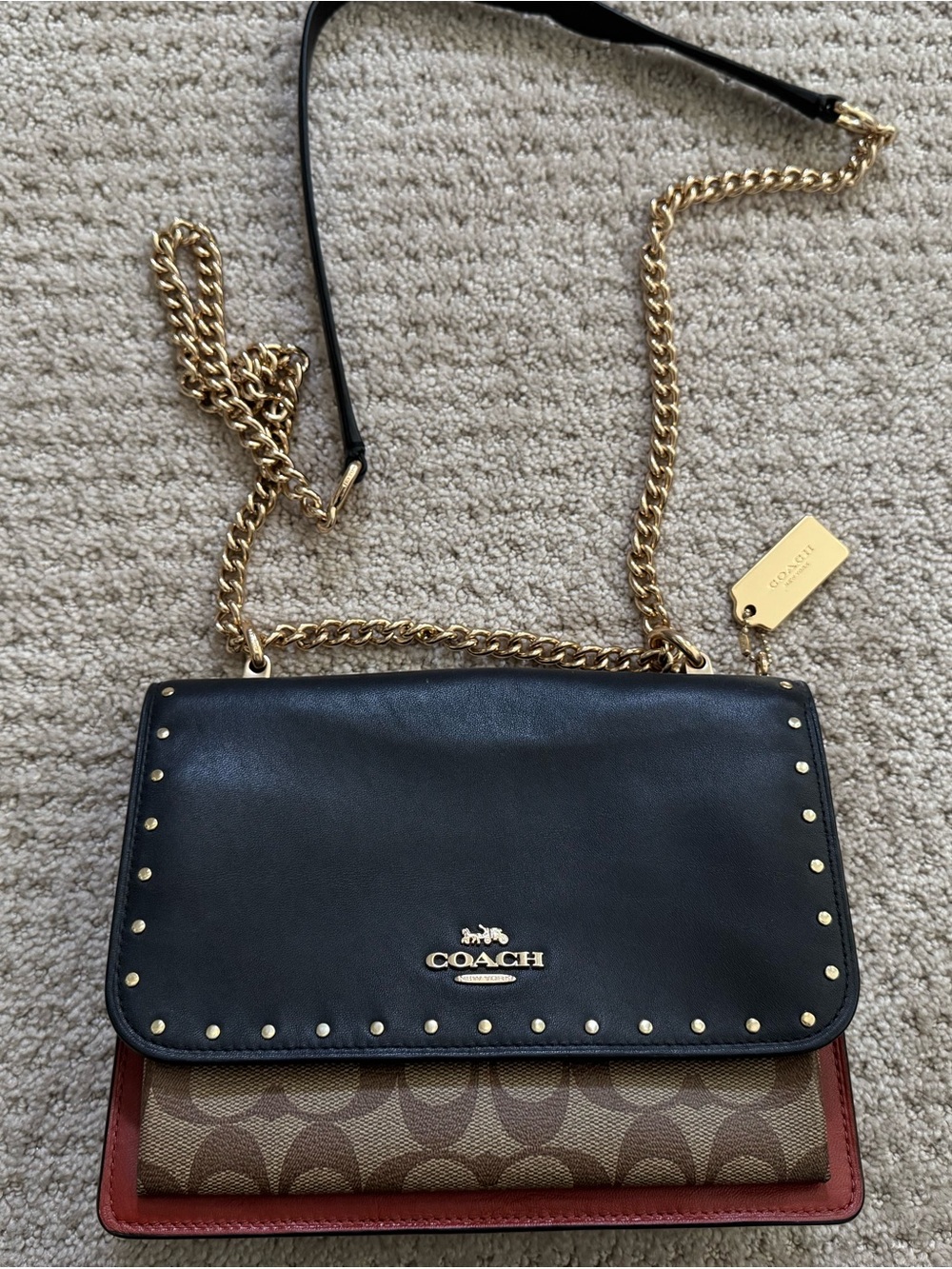 Coach Black Leather & Signature Canvas Crossbody with Gold Chain